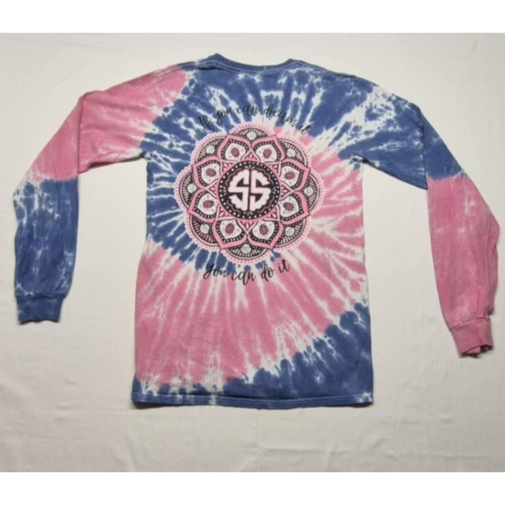 Simply Southern Blue Pink Tie Dye Long Sleeve graphic t- Shirt Women's S